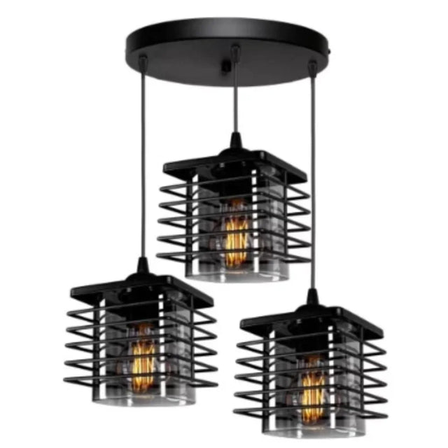 Zwarte hanglamp met 3 glazen kappen industrieel ontwerp