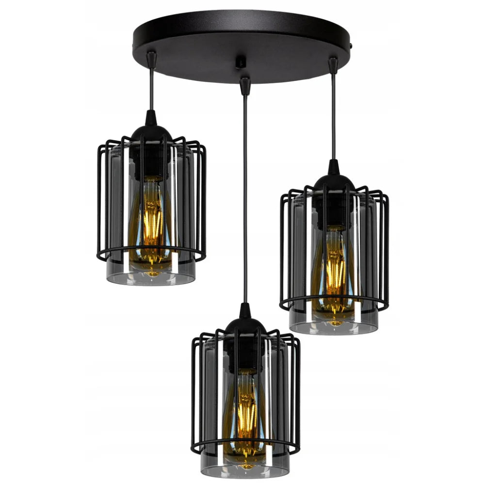 Industriële hanglamp rond met drie draadkappen zwart