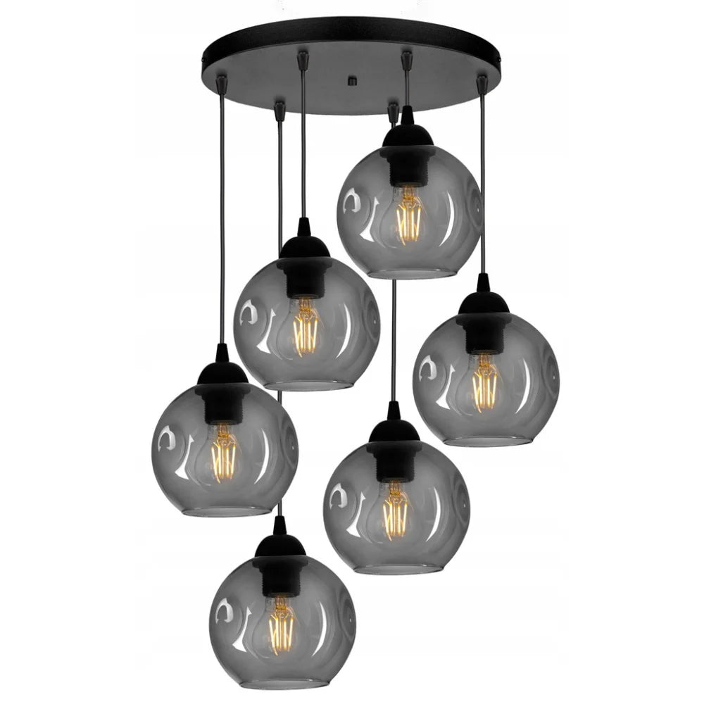 Smoke glas hanglamp met zwart frame en zes fittingen