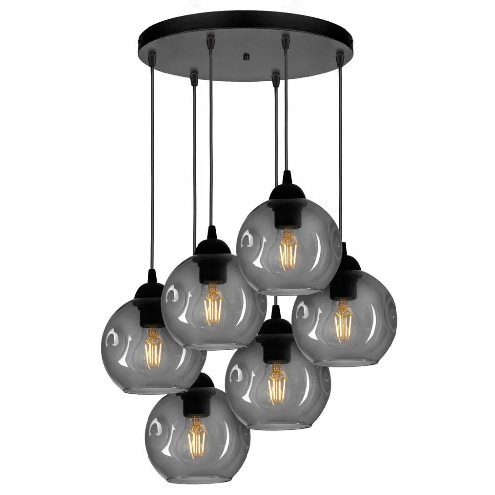 Smoke glas hanglamp met zwart frame en zes fittingen
