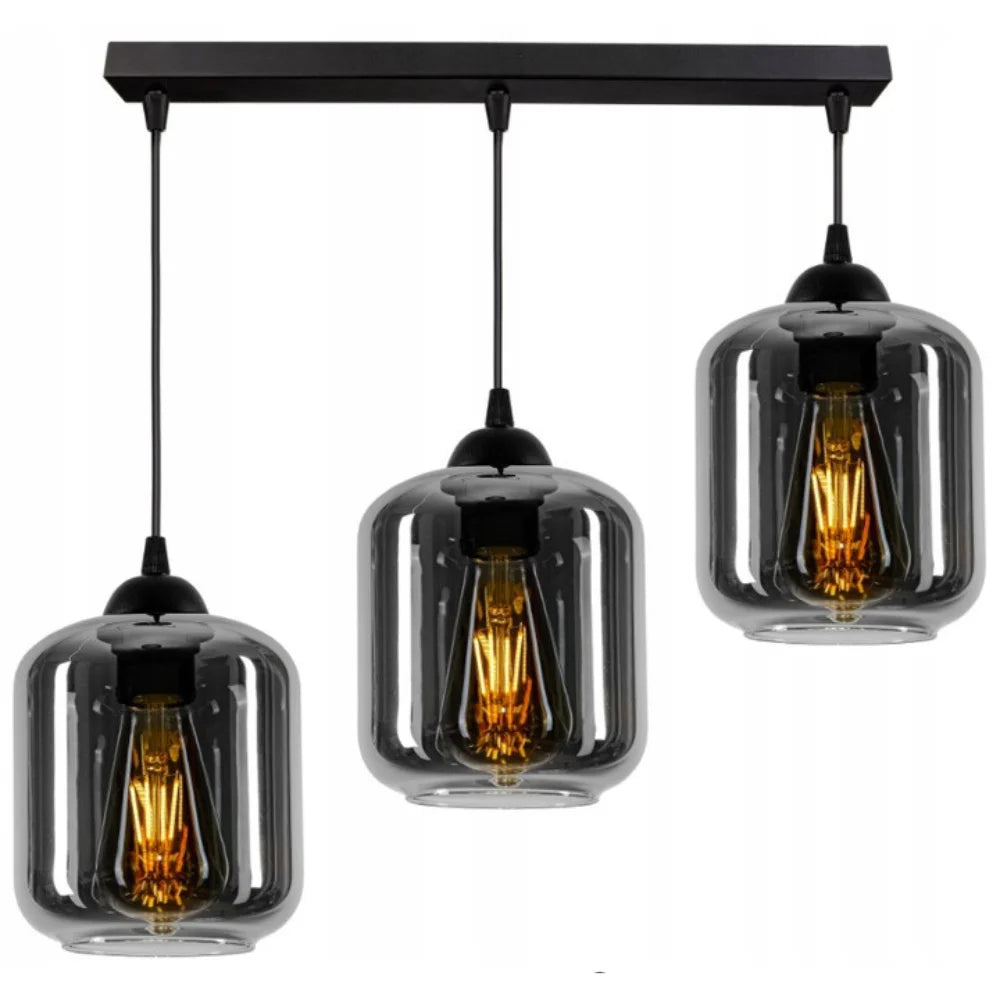 Industriële hanglamp zwart rookglas boven eettafel