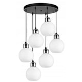 witte bol hanglamp met zes glazen bollen voor woonkamer