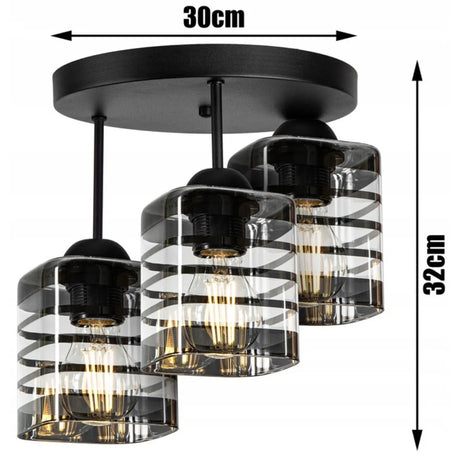 plafondlamp industrieel 3-lamps met glasstroken zwart