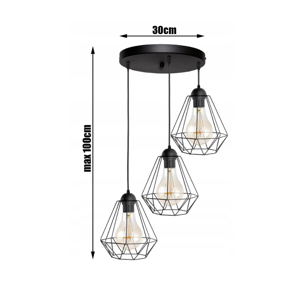 Hanglamp industrieel zwart met 3 draadkappen boven tafel