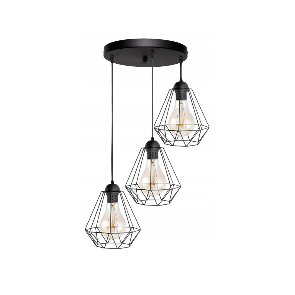 Hanglamp industrieel zwart met 3 draadkappen boven tafel