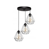 Hanglamp industrieel zwart met 3 draadkappen boven tafel
