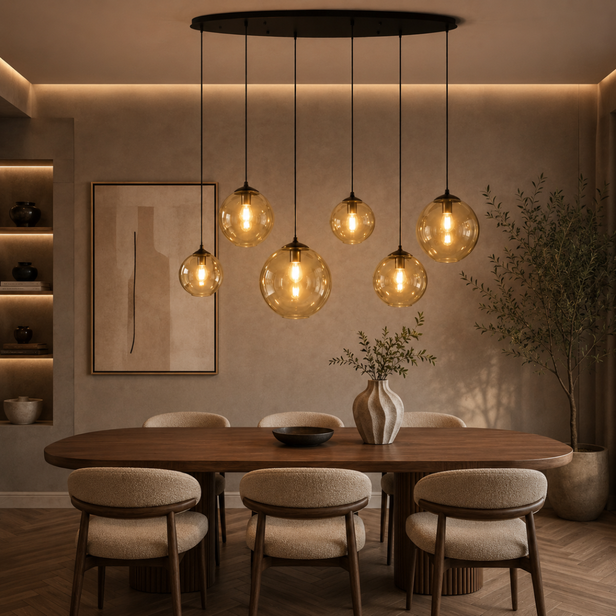Hanglamp zwart met amberglas ovaal 6-lichts - Sterre