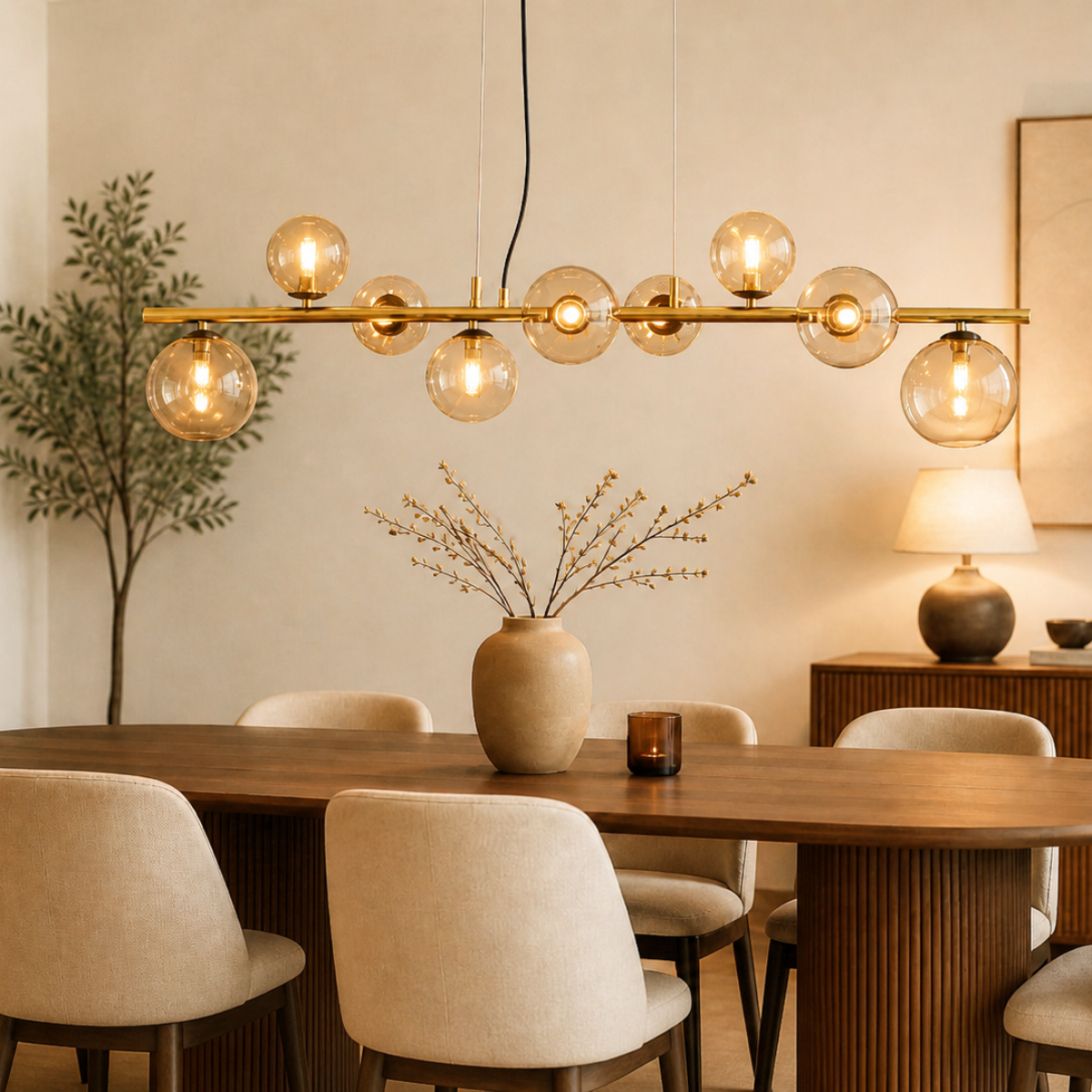 Gouden hanglamp met amber glazen bollen – 9-lichts hanglamp met lange plafondplaat