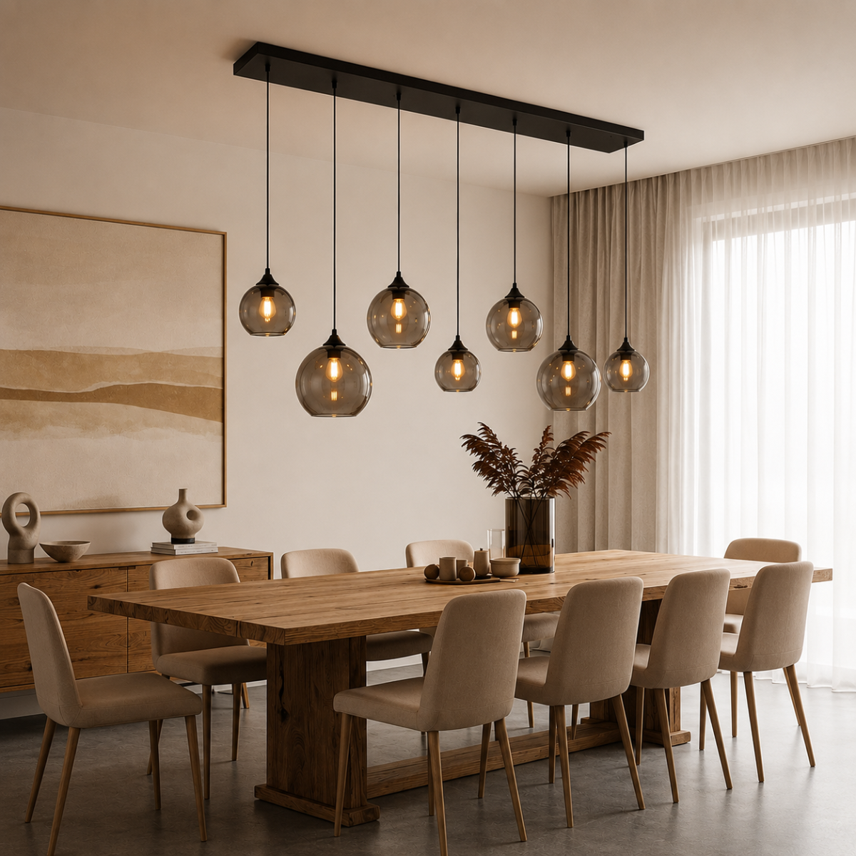 Hanglamp zwart met smoke glas ovaal 8-lichts