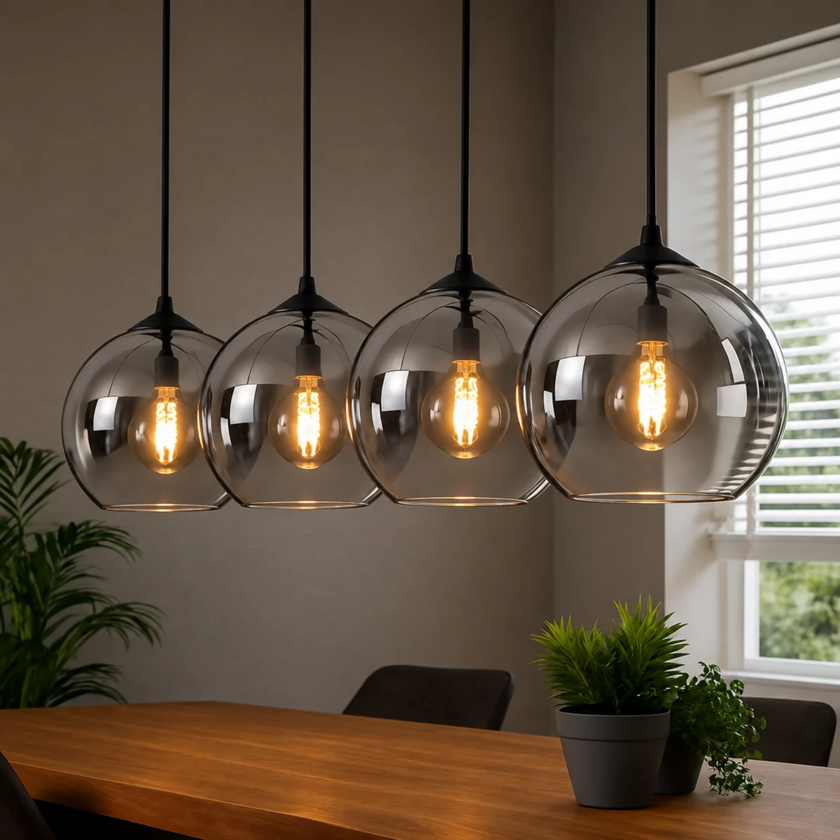 Pendellampe sort med røgfarvet glas – 4 aflang lyskilder | Xavi