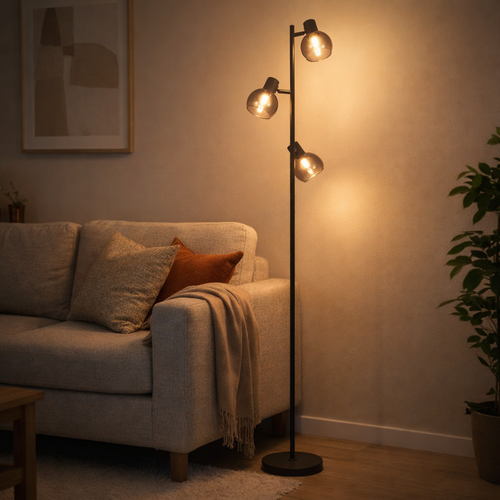 Gulvlampe Fleur - Sort med røgfarvet glas - 3 lys