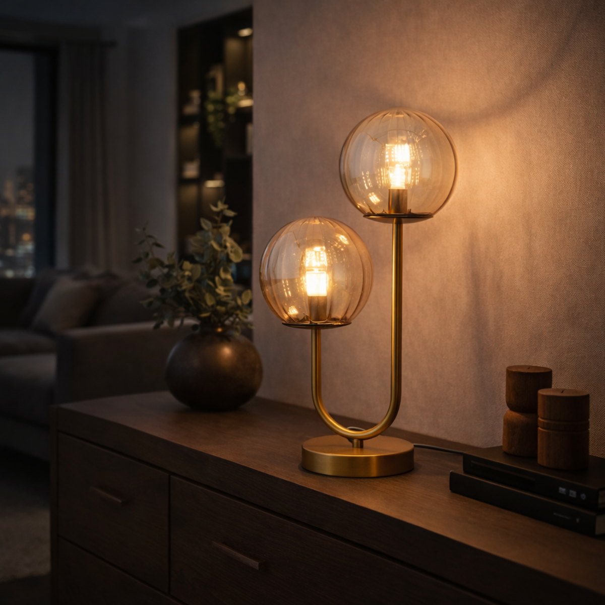 Bordlampe Linda - Messing med ravfarvet glas - 2 lys