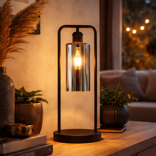 Bordlampe Tess - Sort med røgfarvet glas