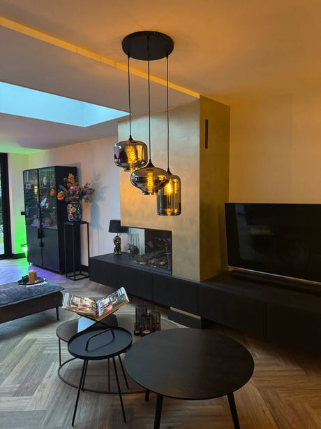 rookglas hanglamp zwart 3-lichts voor woonkamer of eetkamer