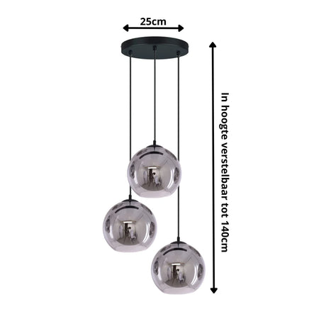 Hanglamp 3-lichts rookglas zwart voor woonkamer eetkamer