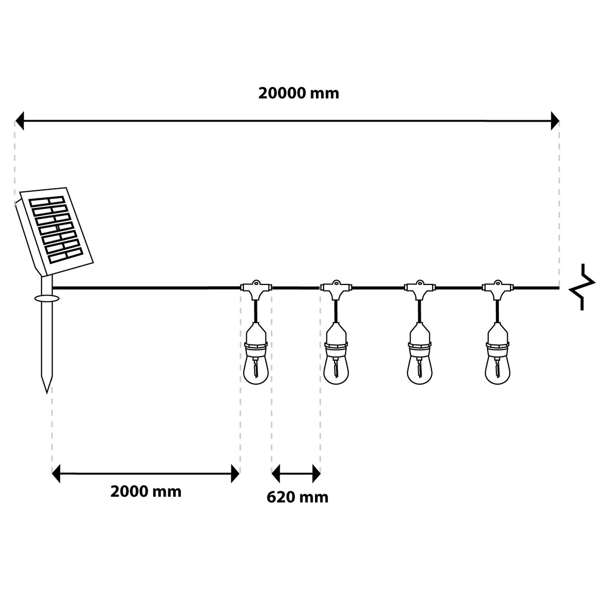 Solcelledrevet havelyskæde - 30x LED - 20m - Varm hvid 2700K - IP65 - Med fjernbetjening
