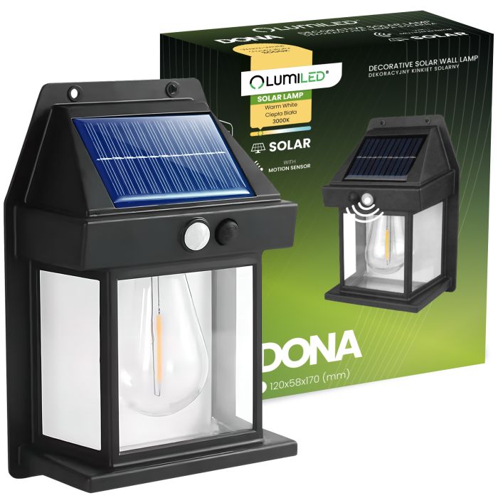 Solcelledrevet LED-væglampe – Facadelampe 3000K, IP44 med bevægelses- og skumringssensor