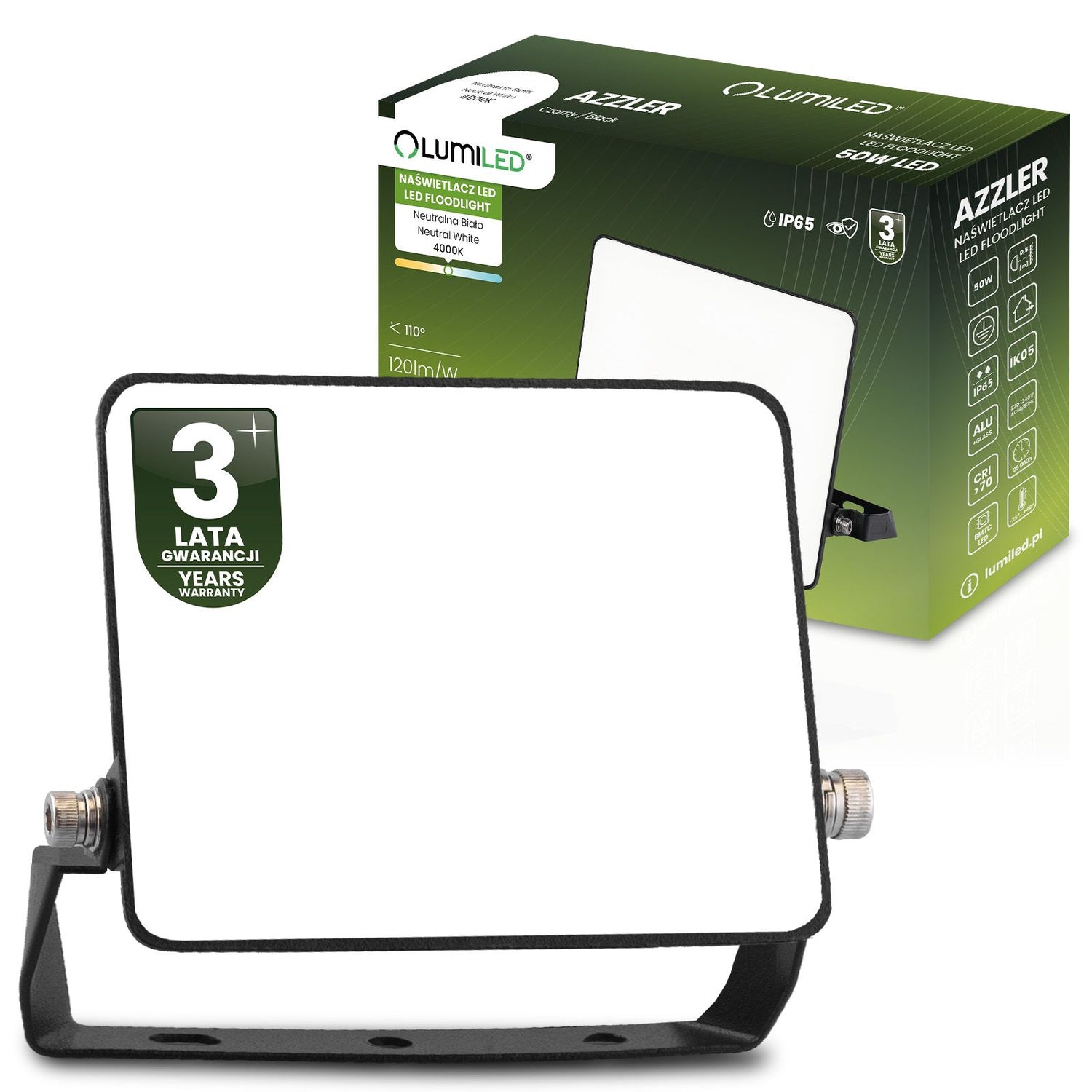 LED-projektør – 50W – 6000 lm – 4000K – IP65 – Sort – Halogen udendørslampe