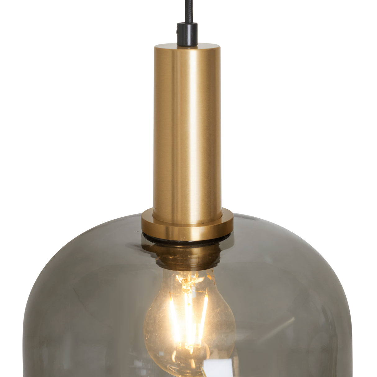 Design pendellampe messing med røgfarvet glas