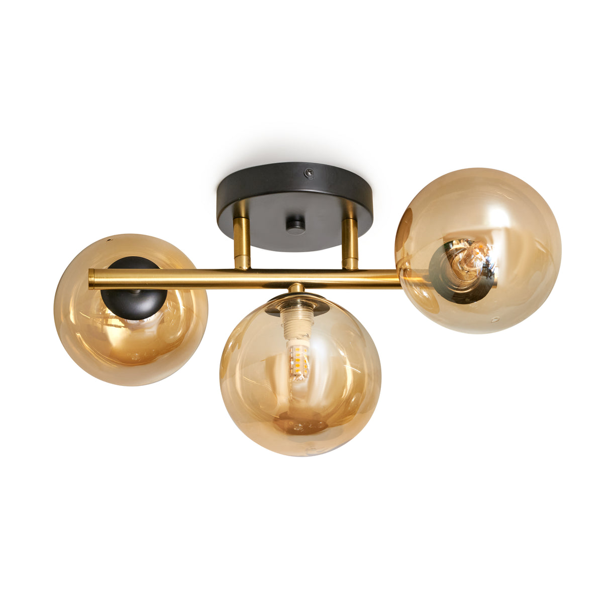 Guld loftslampe med 3 ravgule glaskugler