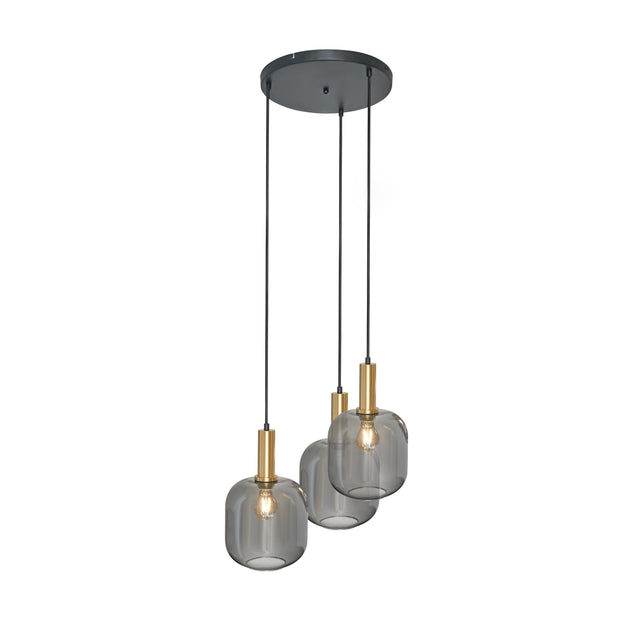 Hanglamp Zwart met Messing en Smoke Glas – 3-Lichts - Aura Trio