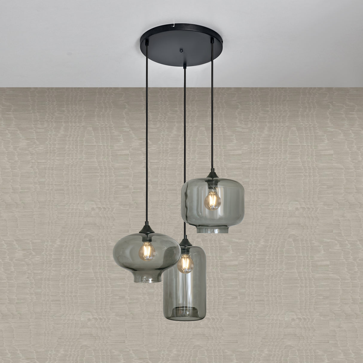 Pendellampe 3-lys blandet røgfarvet glas industriel stue spisestue røgfarvet sort