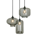 Pendellampe 3-lys blandet røgfarvet glas industriel stue spisestue røgfarvet sort