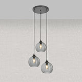 Pendellampe med 3 lyskilder, kugleformet, røget glas, industriel, stue, spisestue, røget sort, grå