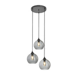 Pendellampe med 3 lyskilder, kugleformet, røget glas, industriel, stue, spisestue, røget sort, grå