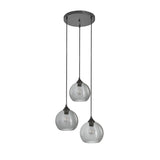 Pendellampe med 3 lyskilder, kugleformet, røget glas, industriel, stue, spisestue, røget sort, grå