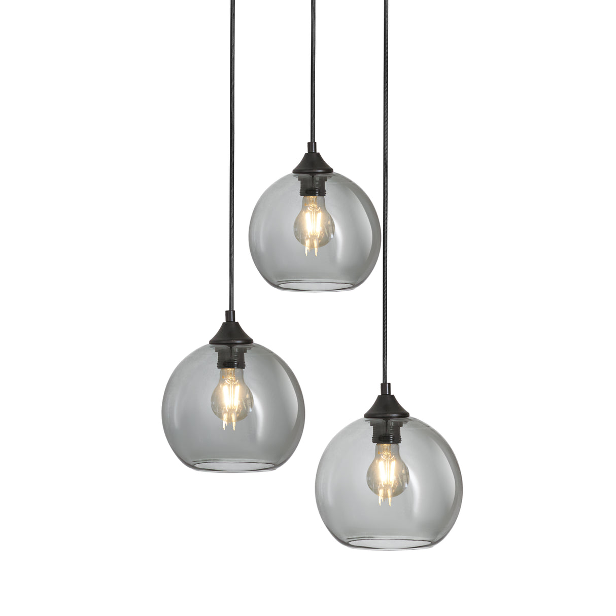 Pendellampe med 3 lyskilder, kugleformet, røget glas, industriel, stue, spisestue, røget sort, grå