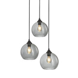 Pendellampe med 3 lyskilder, kugleformet, røget glas, industriel, stue, spisestue, røget sort, grå