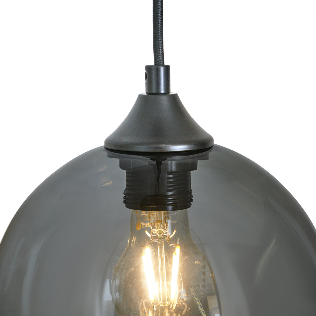 Pendellampe med 3 lyskilder, kugleformet, røget glas, industriel, stue, spisestue, røget sort, grå