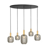 Oval pendellampe – sort med gulddetaljer og røget glas, 5-lampe