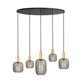 Oval pendellampe – sort med gulddetaljer og røget glas, 5-lampe