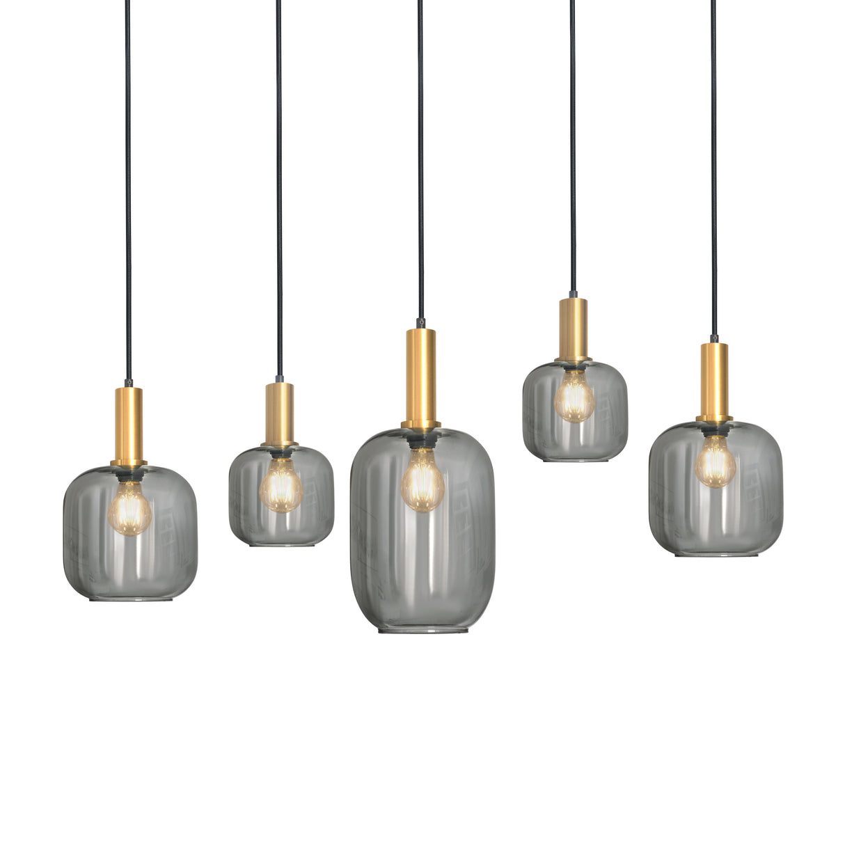 Oval pendellampe – sort med gulddetaljer og røget glas, 5-lampe