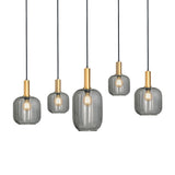 Oval pendellampe – sort med gulddetaljer og røget glas, 5-lampe